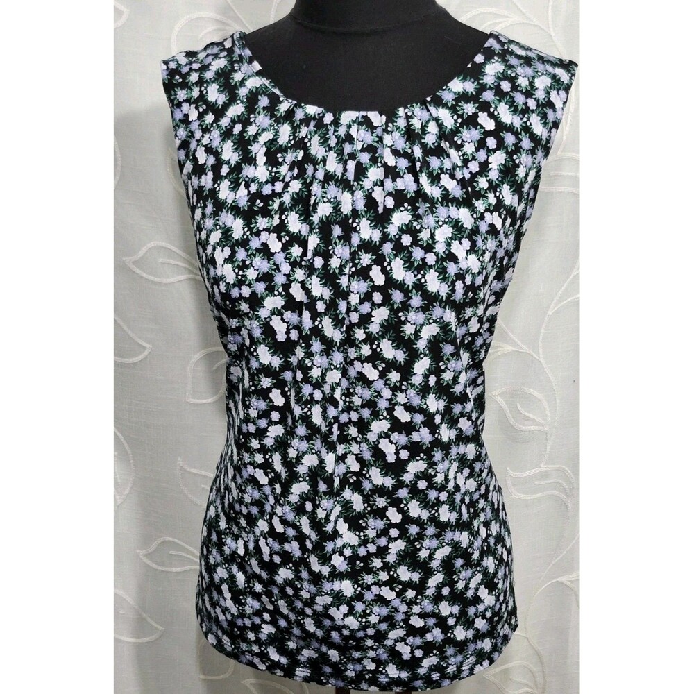 Calvin Klein Womens Sleeveless Pleated Blouse Lightweight Black Blue Floral